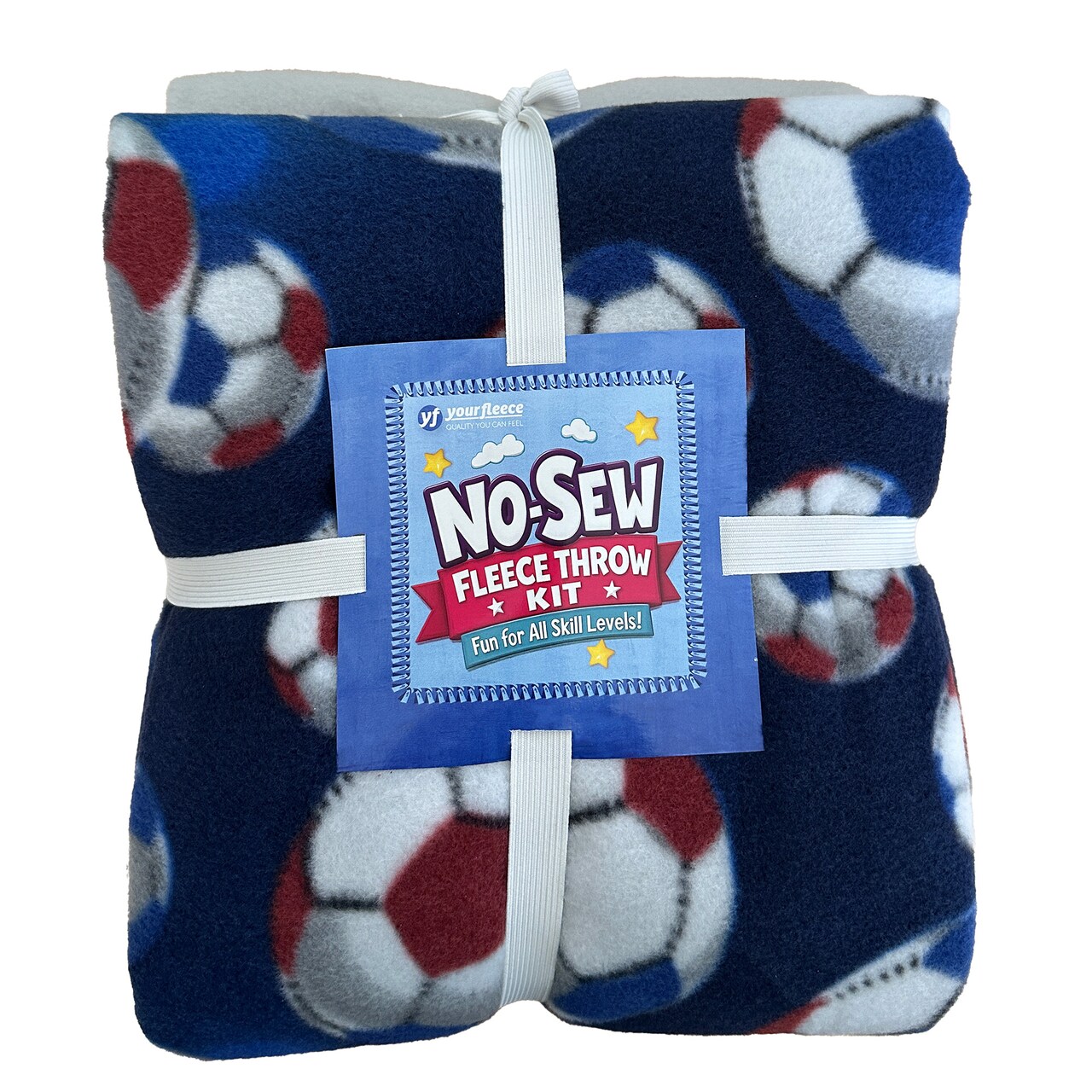 Soccer Balls Navy Anti-Pill Premium No Sew Throw Fleece Fabric Kit (White Backing)